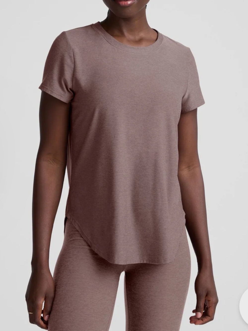 Beyond Yoga Featherweight On The Down Low Tee Rosey Taupe Heather Size M